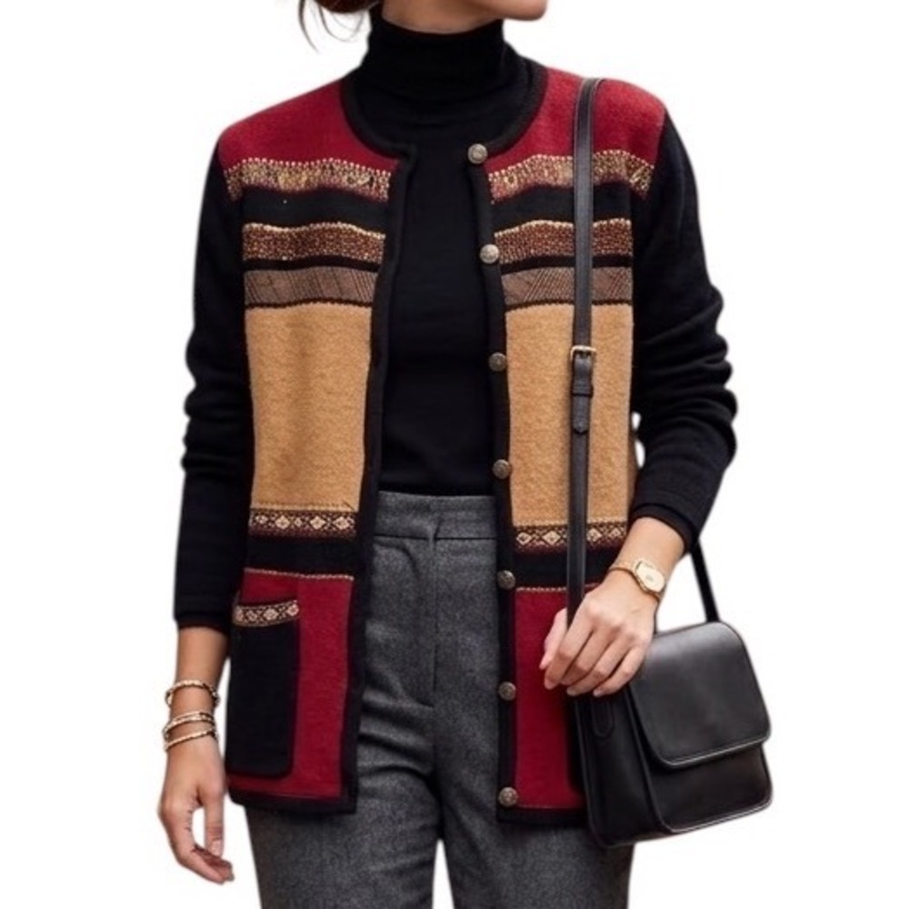 Koret Womens Wool Cardigan Sweater Red Black Colorblock Paisley Trim M